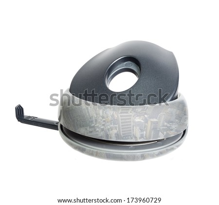 Silver - gray office hole punch with buildings texture on a white background.
