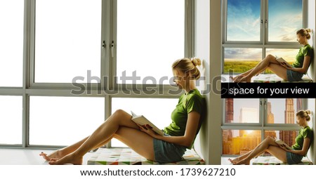 girl in front of a window frame. PNG picture with space for your view