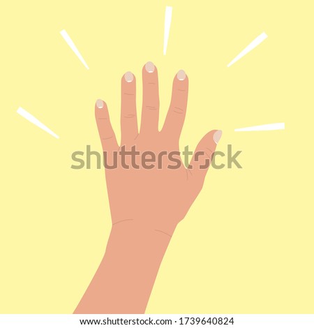 Hand raised up. Female hand with an open palm. The concept of a positive greeting, meeting, volunteering, voting. One arm isolated on a yellow background. Vector flat illustration.