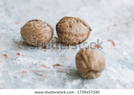Walnuts on grey background in white plate