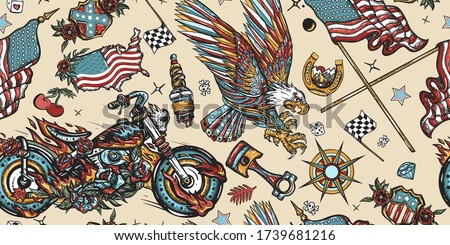Bikers pattern. Bearded biker man and motorcycle. American patriotic eagle, moto sport flags, USA maps. Racing sport art, spark plugs, motor. Lifestyle of racers. Traditional tattooing background 