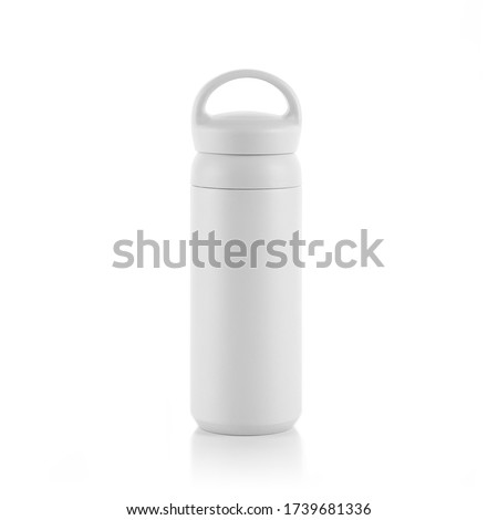 Blank white trendy closed travel flask. Empty traveler bottle & drink container template isolated on white background. Thermo mug for hot or cold beverage, water, tea & coffee. For mockup & branding. Royalty-Free Stock Photo #1739681336