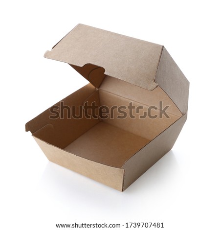 Blank opened brown craft burger box isolated on white background. Empty eco friendly disposable package for burger & sandwich. Clear delivery kraft box for fast food, branding, mock up & template. Royalty-Free Stock Photo #1739707481