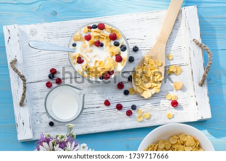 Healthy summer breakfast - cereal with milk and fresh berries in a bowl on the blue table. Healthy eating concept. Top view, flat lay