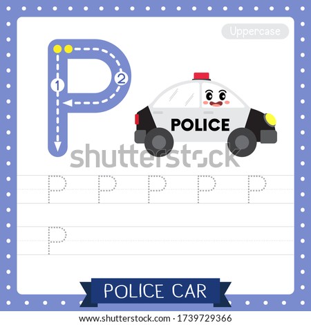 Letter P uppercase cute children colorful transportations ABC alphabet tracing practice worksheet of Police Car for kids learning English vocabulary and handwriting Vector Illustration.