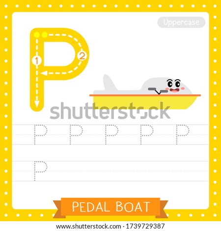 Letter P uppercase cute children colorful transportations ABC alphabet tracing practice worksheet of Pedal Boat for kids learning English vocabulary and handwriting Vector Illustration.