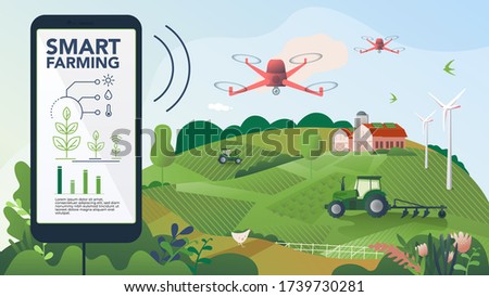Innovative technology for agricultural companies. Agricultural automation with remote tractor control. Illustration of a smart farm with drone control. Template for web, print, and report. Royalty-Free Stock Photo #1739730281