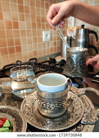 Delicious traditional Turkish coffee, its cooking and presentation