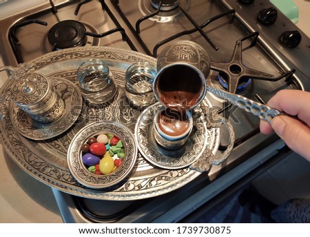 Delicious traditional Turkish coffee, its cooking and presentation