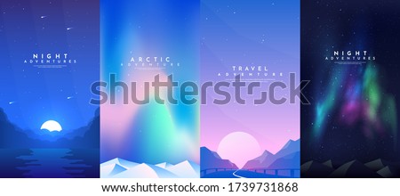Vector abstract background set. Minimalist style. Flat concept. 4 landscapes collection. Clouds by the water, road between mountains, aurora in the Arctic, night boreal. Cover template. UI design. 