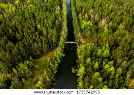 Bird's-eye view of the river and bridge. Forest area with a river in Belarus