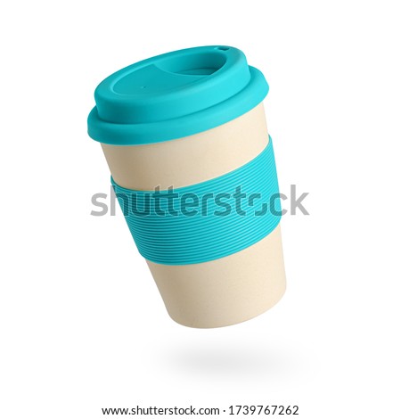Reusable bamboo coffee cup with blue silicone holder and lid. Isolated on white. Zero waste concept Royalty-Free Stock Photo #1739767262