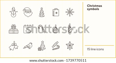 Christmas symbols thin line icon set. Candy cane, snowflake, bauble sign pack. Winter holidays concept. Vector illustration symbol elements for web design and apps