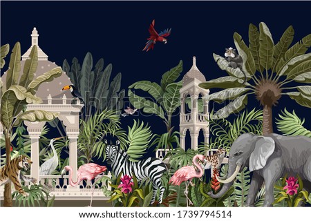 Border with ancient arbor and wild animals in the jungle. Vector.
