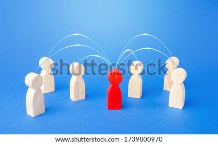 Red person spreads his influence to other people. Leader and leadership. Attracting new employees. Collaboration and collaboration with followers to achieve goals. Manipulator, intriguer. Royalty-Free Stock Photo #1739800970