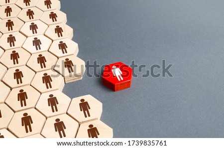 A person outside of the general structure of a people company. Exit the project, dismissal from work. Missing employee. Merging into more. Cooperation and collaboration, teamwork. Strength in unity. Royalty-Free Stock Photo #1739835761