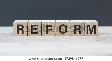 Text, word Reform written on wooden building blocks, on a light background. Business concept