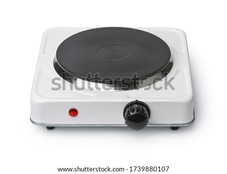 Front view of portable single burner electric stove isolated on white Royalty-Free Stock Photo #1739880107