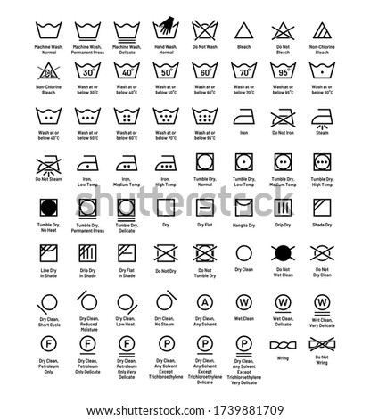 Laundry vector icons full collection set. Laundry symbols with description.