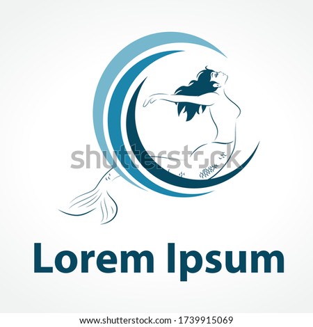 blue mermaid character surrounded by abstract water waves, vector logo template
