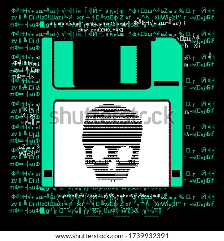 Floppy disk with a skull representing a computer virus, hack attack, malware and ransomware.