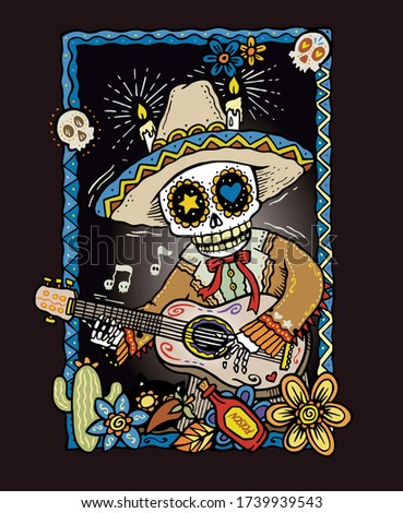 Colorful vector illustration of skull in Mexican folk style playing guitar.