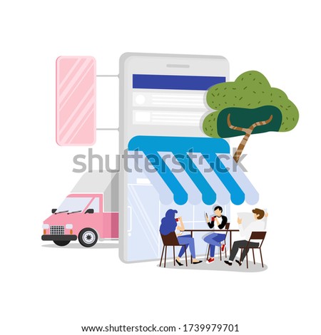 QR code concept illustration of young people scanning barcode using mobile smartphone for online shopping and payment. Flat young men and women standing near big smartphone with qr symbol on screen