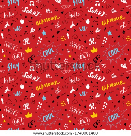 Doodle Seamless Pattern, hand drawn pop art signs and symbols background, Vector Illustration.