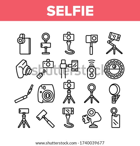 Selfie Photo Camera Collection Icons Set Vector. Selfie Stick And Tripod, Lens And Light Equipment, Remote Control Accessory For Photograph Concept Linear Pictograms. Monochrome Contour Illustrations