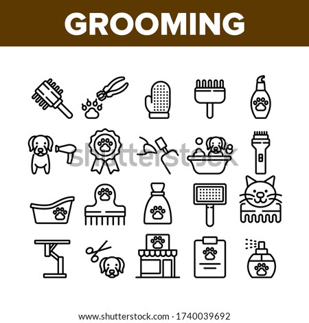 Grooming Animal Tool Collection Icons Set Vector. Equipment For Grooming Pet Claws And Wool, Washing And Drying Dog, Pet Shop And Hairbrush Concept Linear Pictograms. Monochrome Contour Illustrations Royalty-Free Stock Photo #1740039692