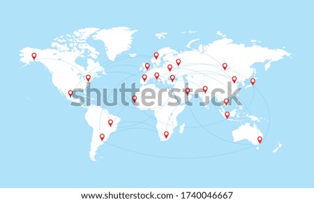 World map with countries borders and red location pointers. Vector illustration.