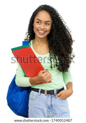Pretty hispanic student with dental aligner and books and backpack isolated on white background for cut out
