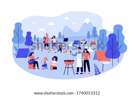 Outdoor summer festival, vacation recreation concept. Tourists family with kids enjoying camping with tents, barbecue, picnic and hiking. Flat vector illustration
