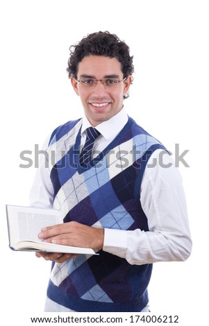 adult man in sweater holding an open book