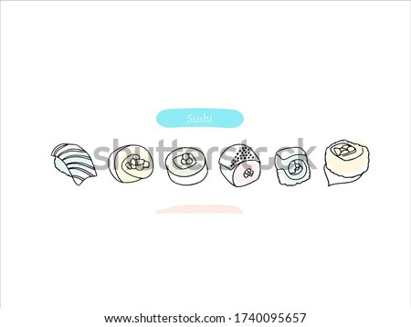 Hand drawn pictures. Cartoon Sushi illustrations. Black and white pattern food elements. perfect for invitations, greeting cards, prints, posters.