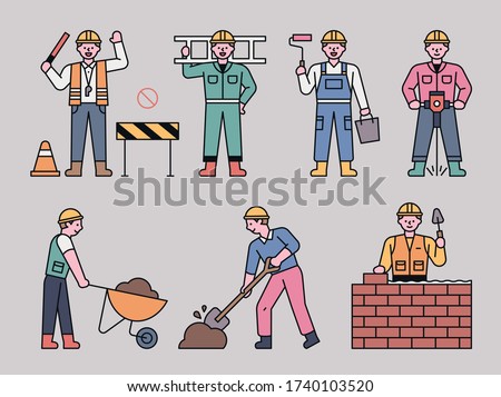 Workers doing a variety of jobs at the construction site. flat design style minimal vector illustration.