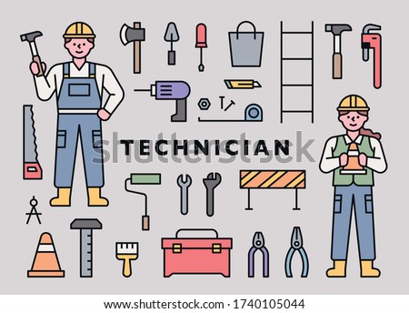 Man and woman technician characters in work clothes. Repair equipment icons collection. flat design style minimal vector illustration.
