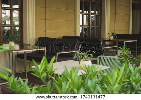Exterior of a summer terrace without people in the old European city.