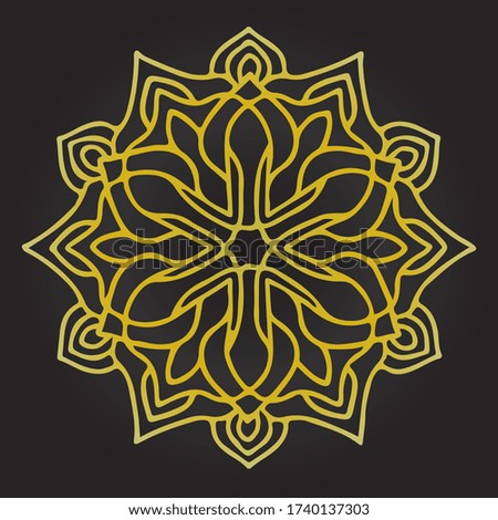 Square geometric mandala on black with vintage gold ornament (you can use this pattern for carpet, shawl, pillow, cushion, and background).