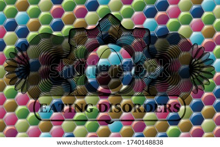 Linear currency decoration hard boiled egg icon and Eating disorders text Colorful realistic emblem. Hexagon delicate background. Intense illustration. 
