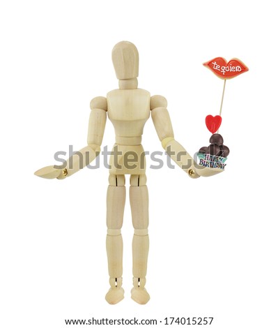 Happy Birthday Te Quiero ( I Love You in Castellano Spanish) Cookie Lips Heart Lolly Pop Chocolate Bonbons held by Adult Male Mannequin isolated on white background