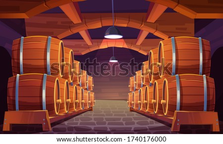 Wood barrels for wine or beer in cellar. Cask from oak wood on stand in storage room of brewery or winery. Vector realistic interior of basement with keg for whiskey, rum or cognac Royalty-Free Stock Photo #1740176000