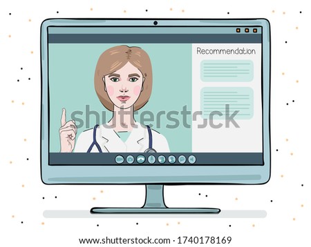 A female doctor is conducting an online counseling session. Telemedicine on a monitor screen. Color image isolated on a white background.