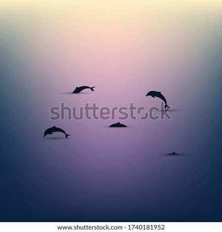 Dolphins over the water at sunset, seascape. Minimalistic scenery. Vector. 