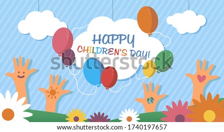 Happy children's day. Vector cartoon illustration. Web banner template. Selebration, world children day. Colorful background. Chuldrens hands and clouds and flowers. Be happy. Child protection day