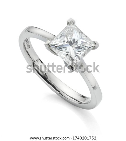 Princess Cut Diamond Engagement Ring with Square 1 Carat Gemstone on White Background Royalty-Free Stock Photo #1740201752