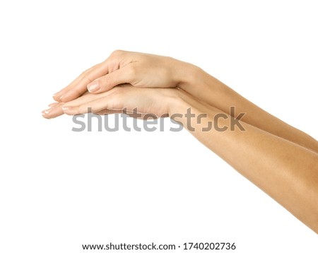 Covering and protection. Woman hand with french manicure gesturing isolated on white background. Part of series