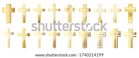 Christian Cross icons set. Gold christian cross icon isolated. Vector illustration. Golden religion cross