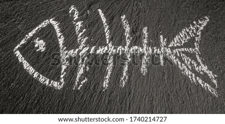 simple skeleton of fish drawn in white chalk on a dark stone surface