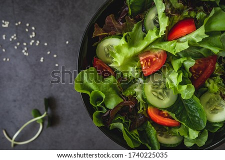 vegetable salad of fresh tomato, cucumber, cos, green and red oak lettuce ,sesame and sunflower sprouts on black bowl. Diet and vegetarian menu. concept for a tasty and healthy meal.